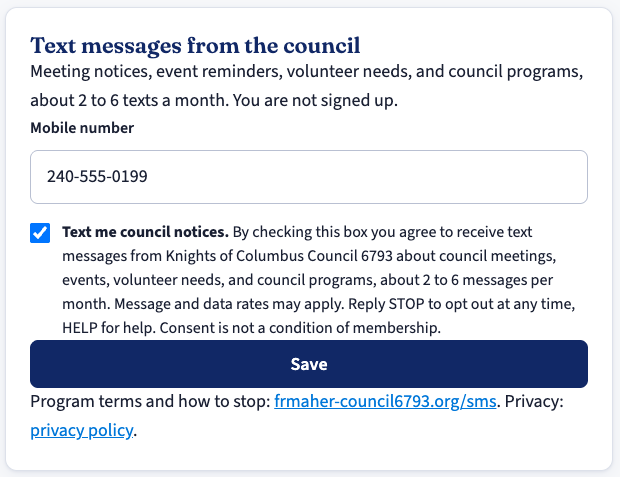 The council's text-message opt-in form: a mobile number field, a ticked box labelled
            'Text me council notices' with the consent language beside it, and a Save button.